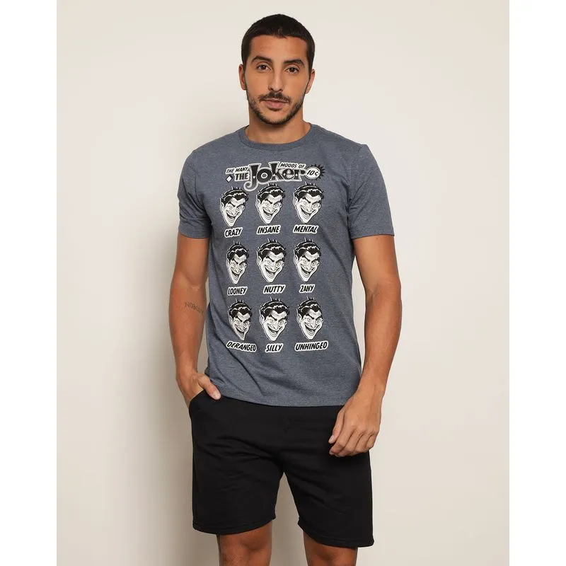 Camiseta Masculina DC Comics Estampa Coringa Manga Curta Cinza P