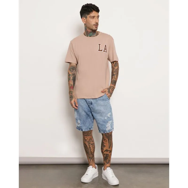Bermuda Jeans Masculina Destroyed Estonado Com Elástico Azul 46