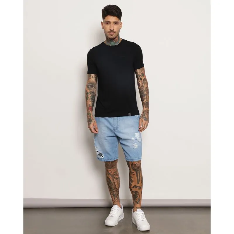 Bermuda Jeans Masculina Destroyed Com Elástico Azul 42