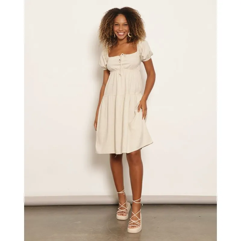 Vestido Feminino Curto Berry & Co. Linho com Recortes Bege G