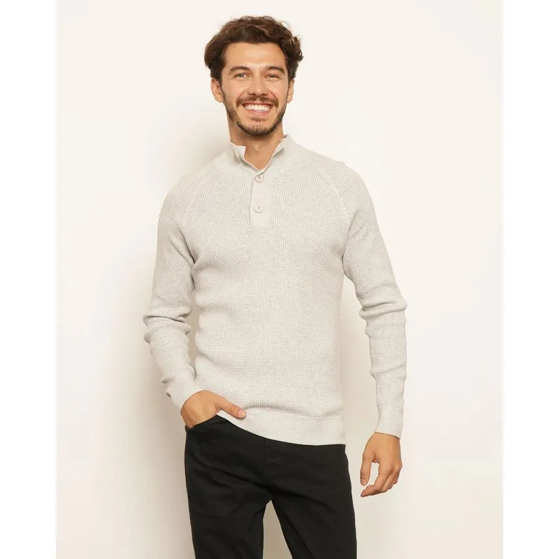 Suéter Masculino Tricô Gola Alta Com Botões Cinza G