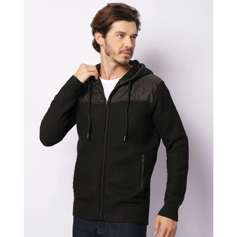 Jaqueta Masculina Tricô Zíper Com Capuz Preta M