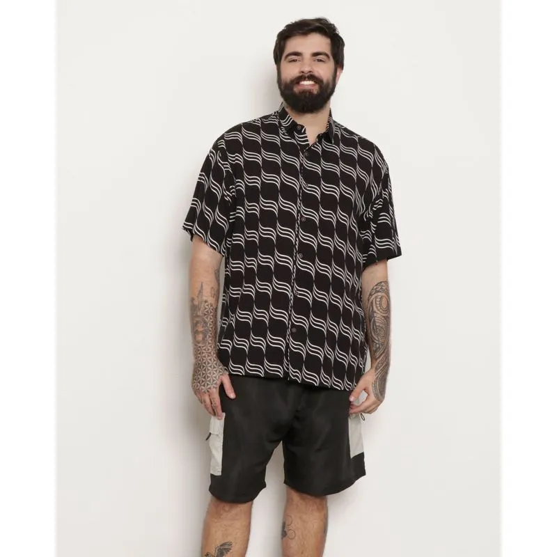 Camisa Plus Size Masculina Viscose Manga Curta Estampada Preta 5