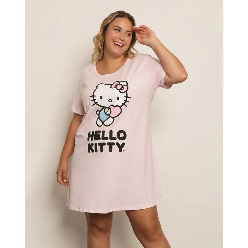 Camisola Plus Size Feminina Estampa Hello Kitty Manga Curta Rosa 48