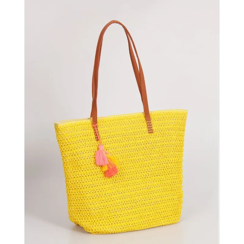 Bolsa De Praia Feminina Tote Bag Palha De Papel Com Franja Tassel Amarela UN