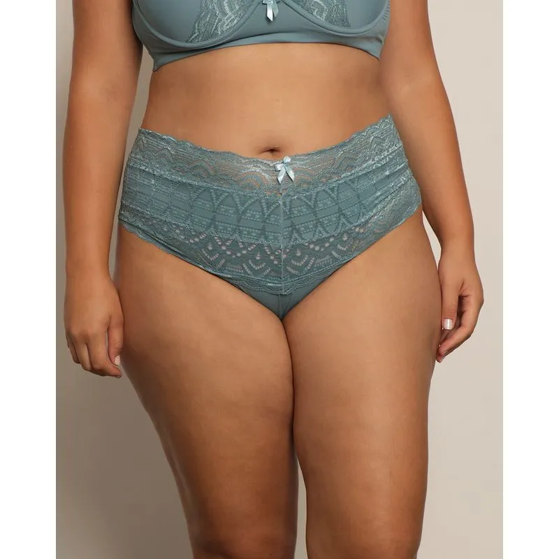 Calcinha Plus Size Feminina Tanga Cintura Alta Com Renda Azul 48