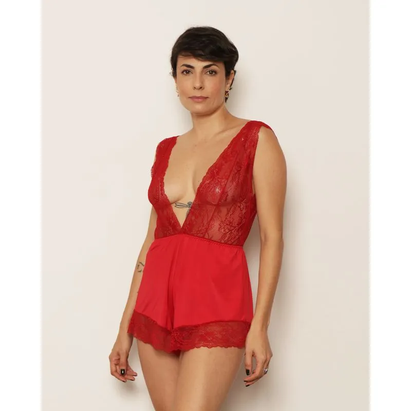 Macaquinho Feminino Liganete Sensual Com Renda Vermelho P