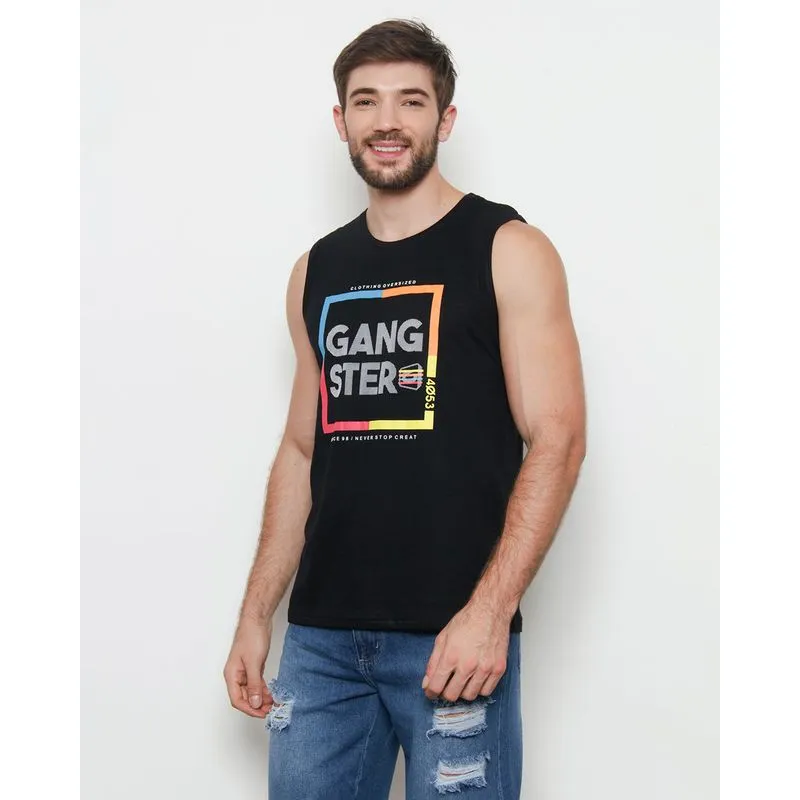 Regata Masculina Gangster Estampa Frontal Preta P