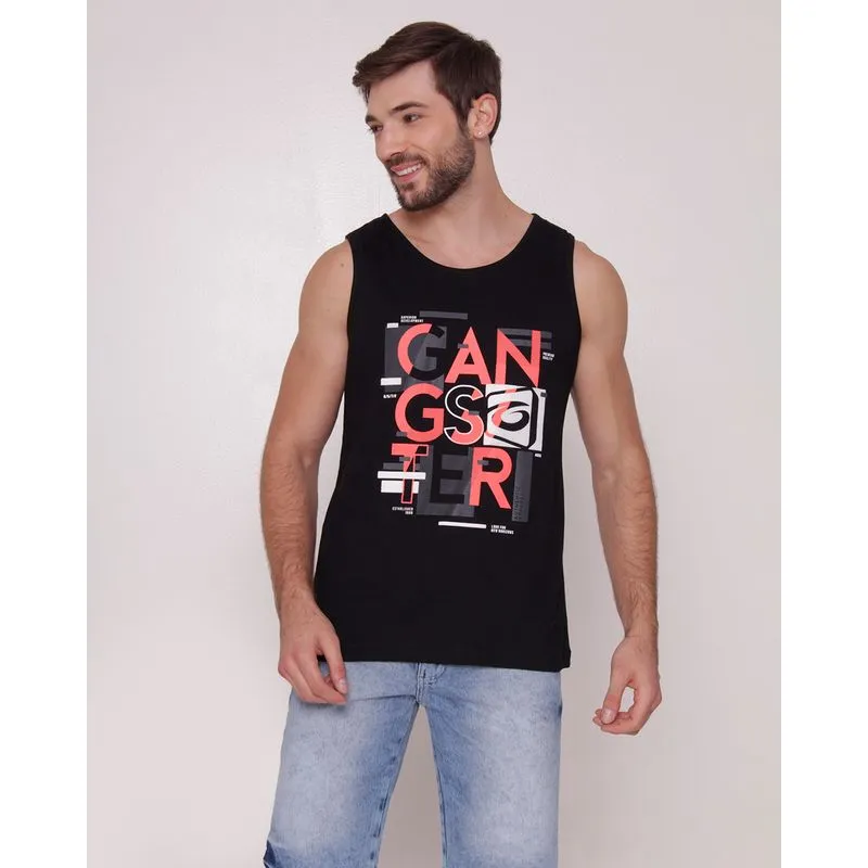 Regata Masculina Gangster com Estampa Frontal Gola Redonda Preta M