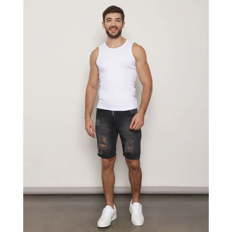 Bermuda Jeans Masculina Reta Com Puídos Destroyed Preta 48