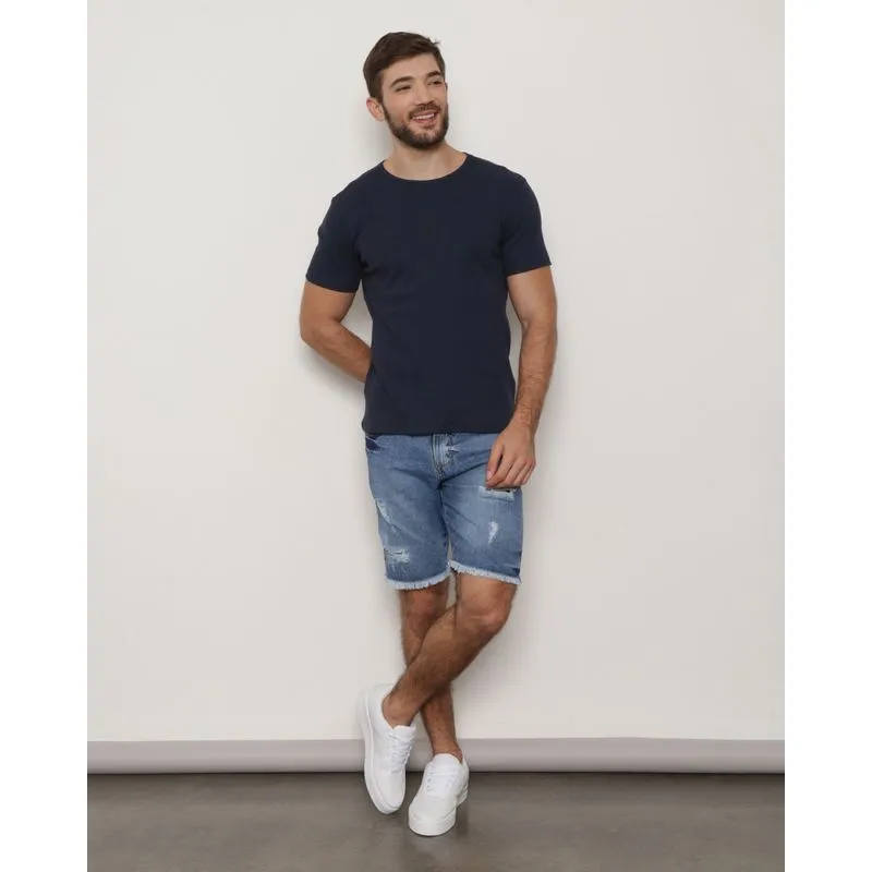 Bermuda Jeans Masculina Reta Destroyed Barra Desfiada Azul 48