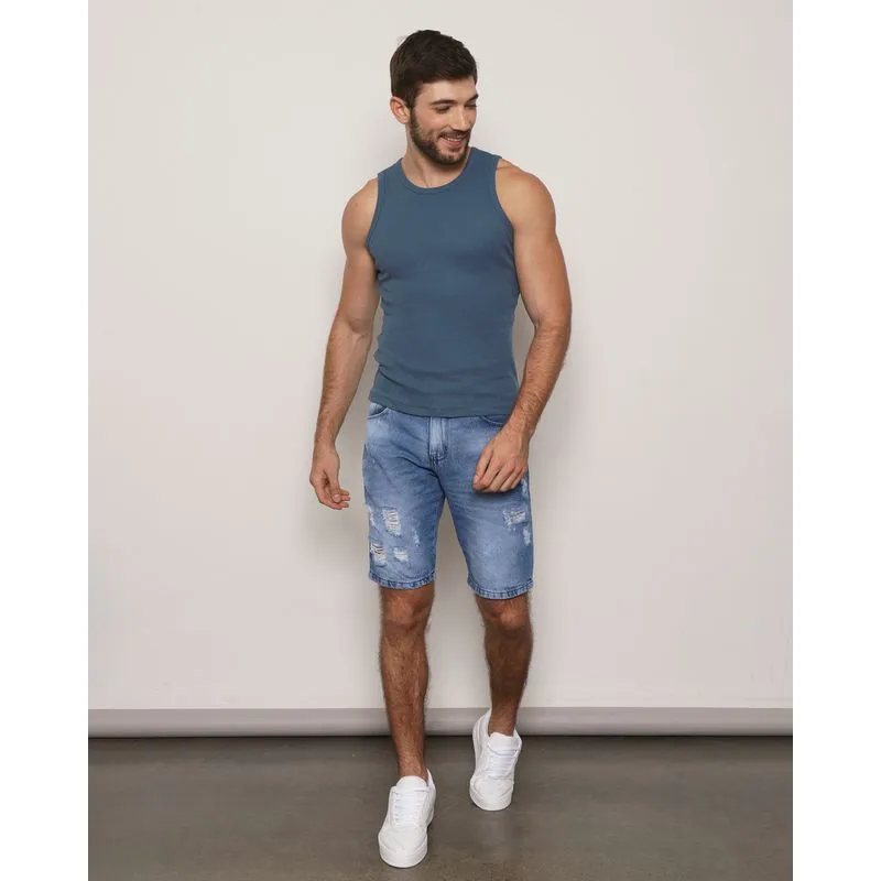 Bermuda Jeans Masculina Destroyed Reta Azul 48