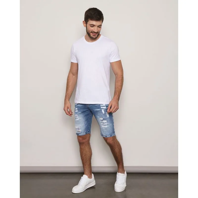 Bermuda Jeans Masculina Reta Destroyed Azul 48
