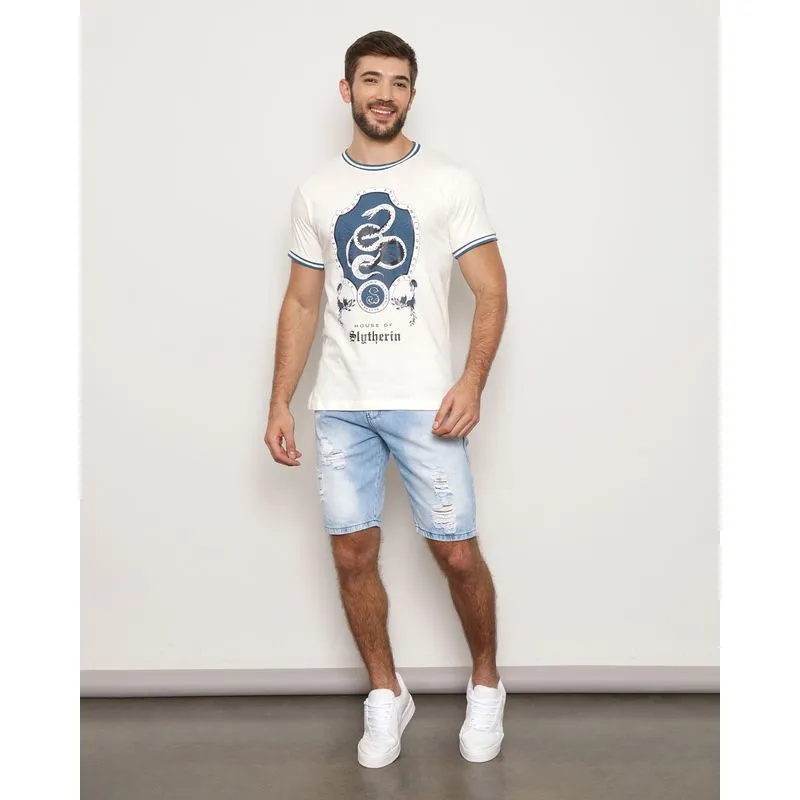 Bermuda Jeans Masculina Reta Destroyed Azul 46