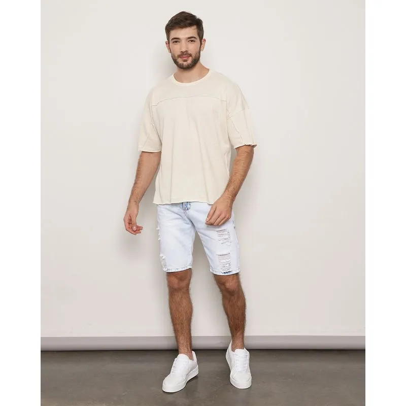Bermuda Jeans Masculina Reta Destroyed Delavê Azul 40