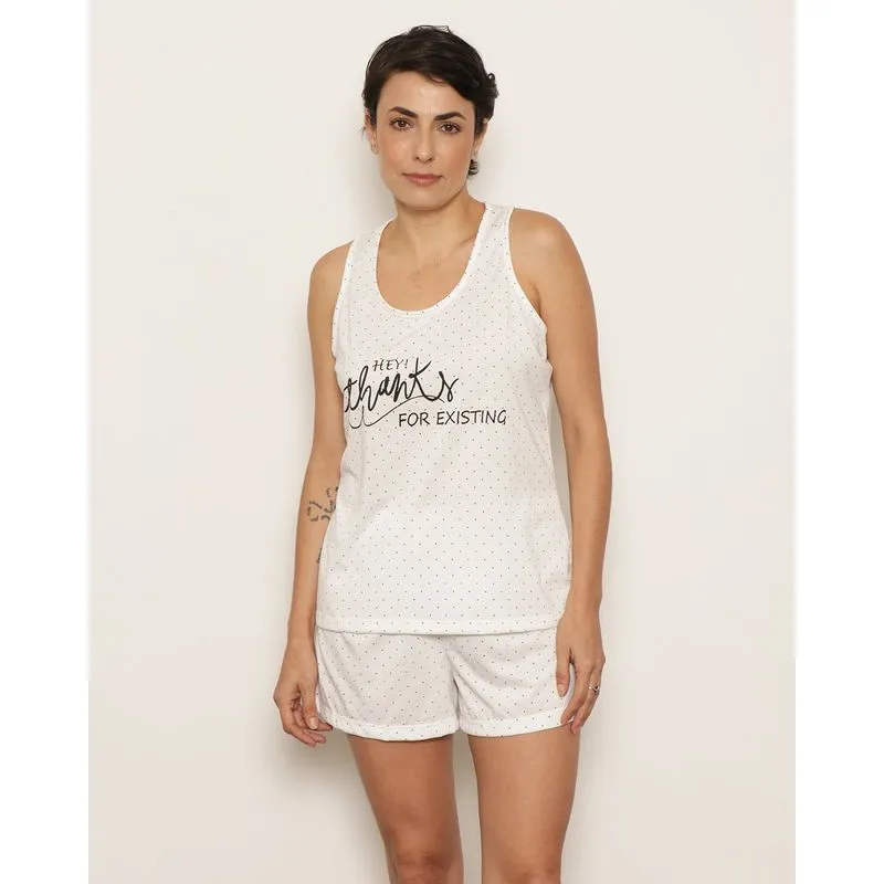 Pijama Feminino Regata Curto Estampa Frontal Off White GG