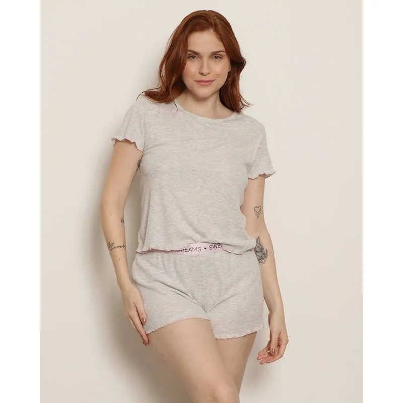 Pijama Feminino Curto Canelado Com Frufru Cinza M