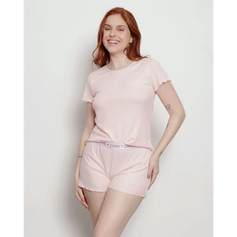 Pijama Feminino Curto Canelado Com Frufru Rosa P