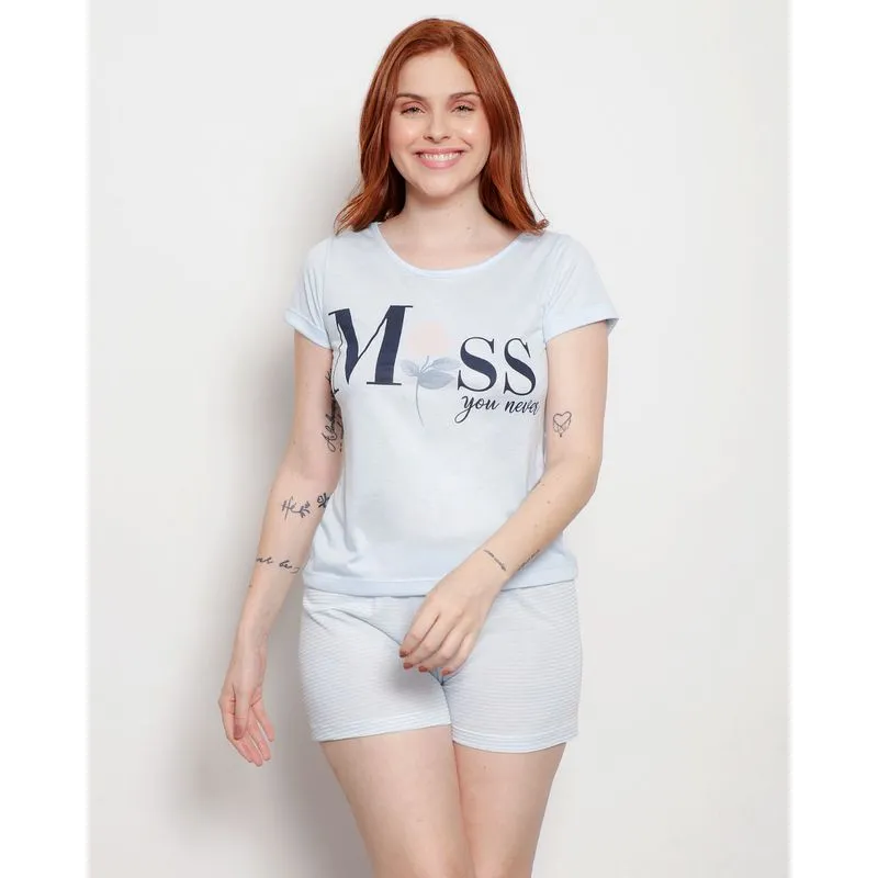 Pijama Feminino Curto Estampa Frontal Azul P