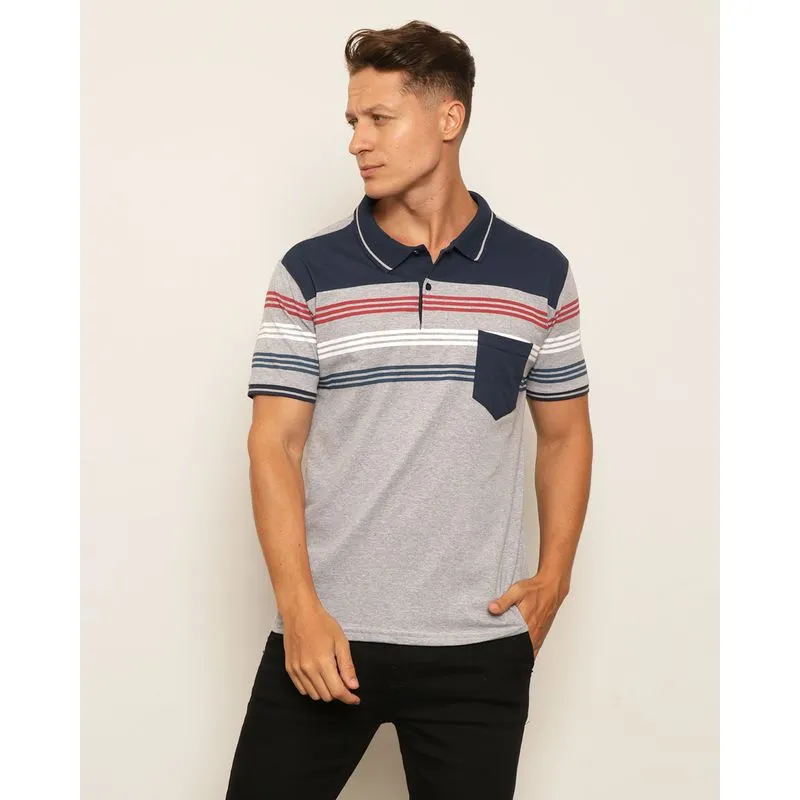 Camisa Polo Masculina Com Recorte E Bolso Manga Curta Cinza P