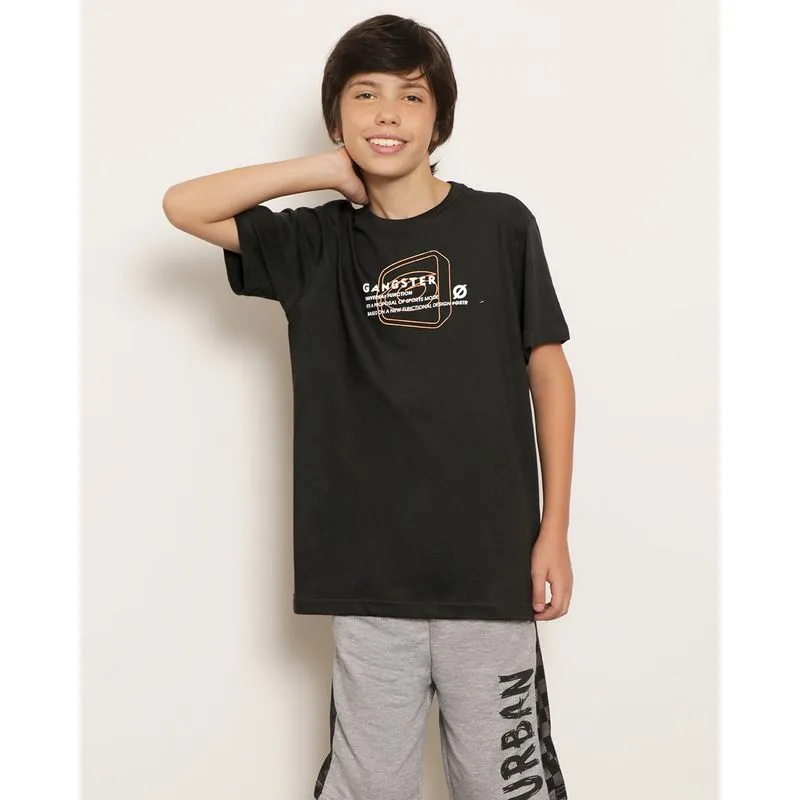 Camiseta Juvenil Gangster com Estampa Frontal e Costas Manga Curta Gola Careca Preta 12