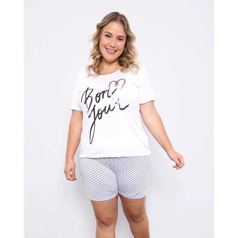 Pijama Plus Size Feminino Curto Estampa Bon Jour Off White 48