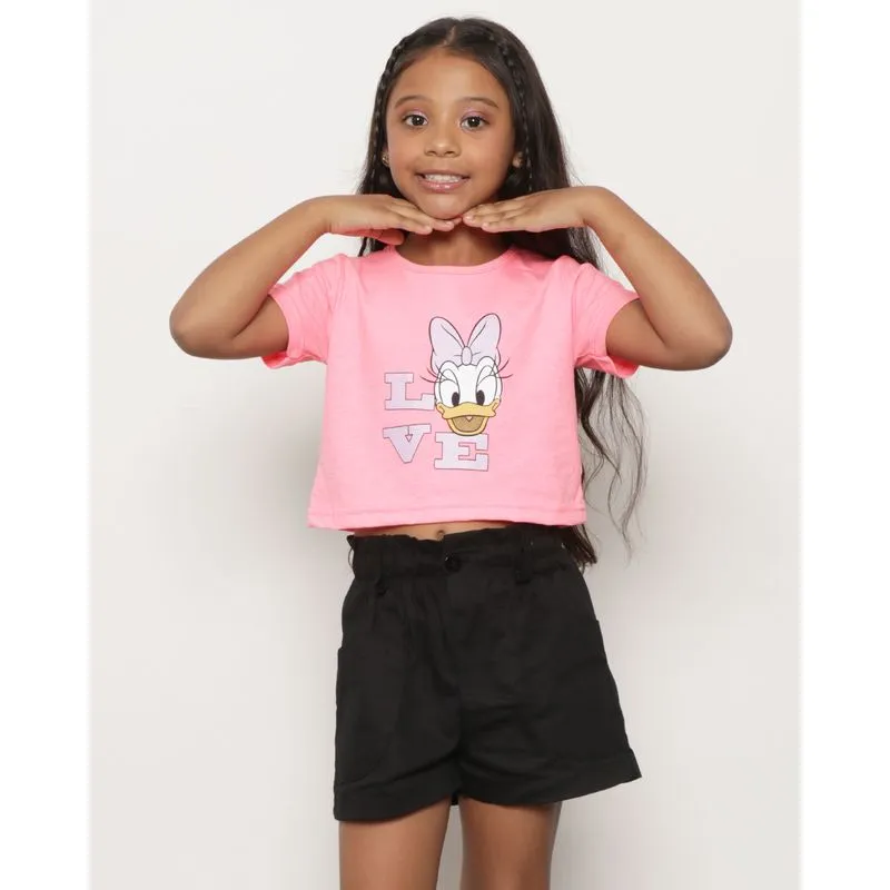 Camiseta Infantil Manga Curta Cropped Disney Estampa Margarida Neon Rosa 4
