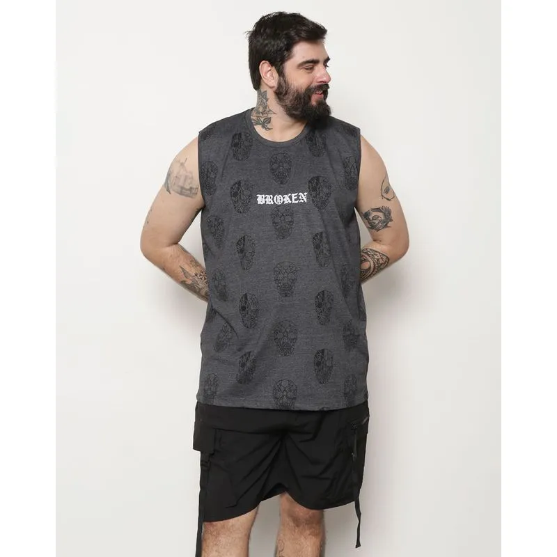 Regata Plus Size Masculina Estampa Frontal Caveira Cinza G4