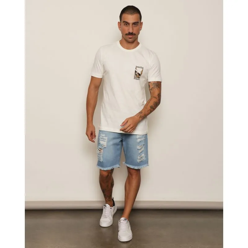 Bermuda Jeans Masculina Reta Destroyed Barra Desfiada Azul 48
