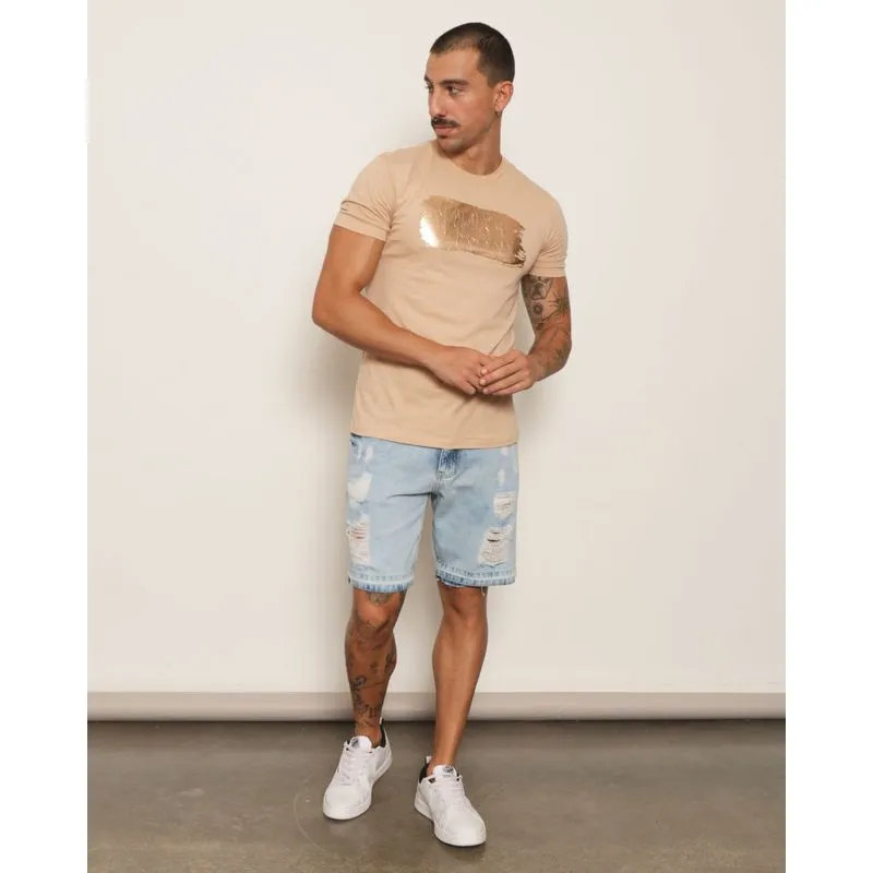 Bermuda Jeans Masculina Reta Destroyed Barra Desfiada Azul 42