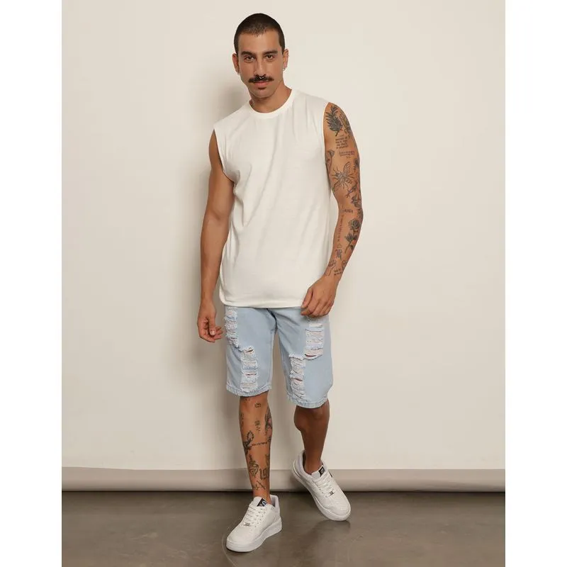 Bermuda Jeans Masculina Reta Destroyed Azul 36