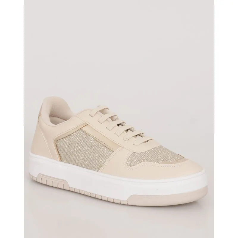 Tênis Feminino Donatta Recortes Com Brilho Off White 37