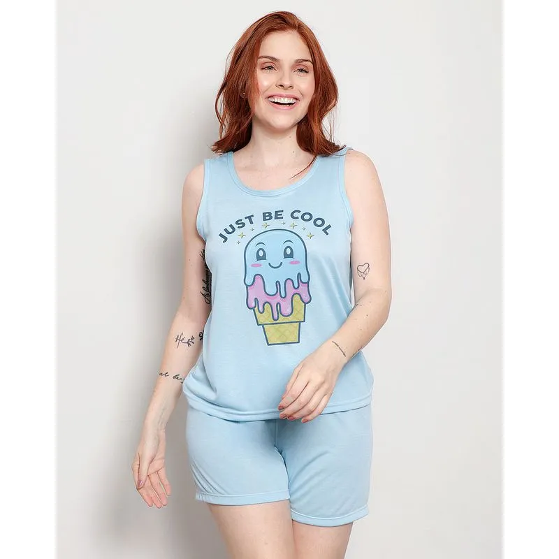 Pijama Feminino Curto Regata Estampa Sorvete Azul G
