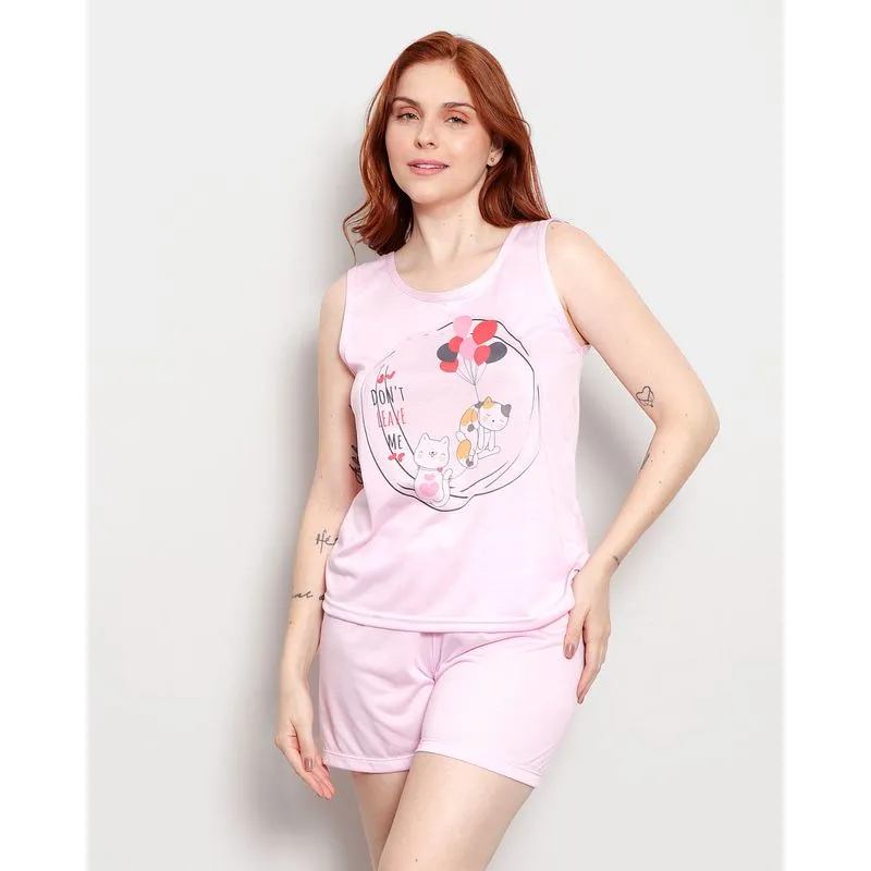 Pijama Feminino Curto Regata Estampa Gatinhos Rosa G