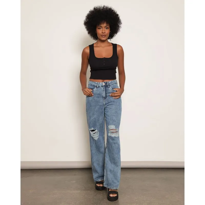 Calça Jeans Feminina Wide Leg Destroyed Azul 38