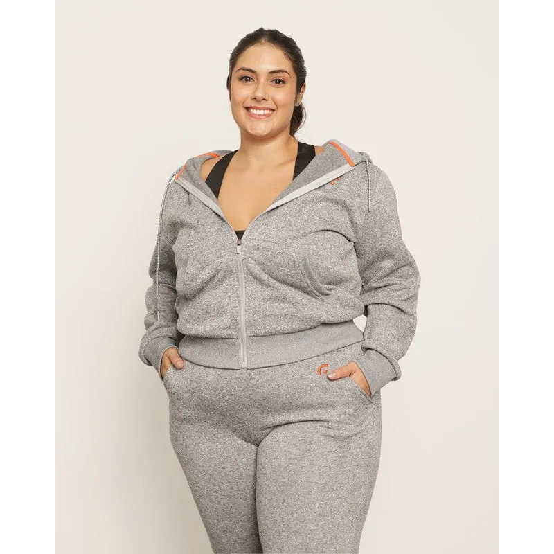 Jaqueta Moletom Plus Size Feminino Fitter Fitness Com Capuz Cinza G3