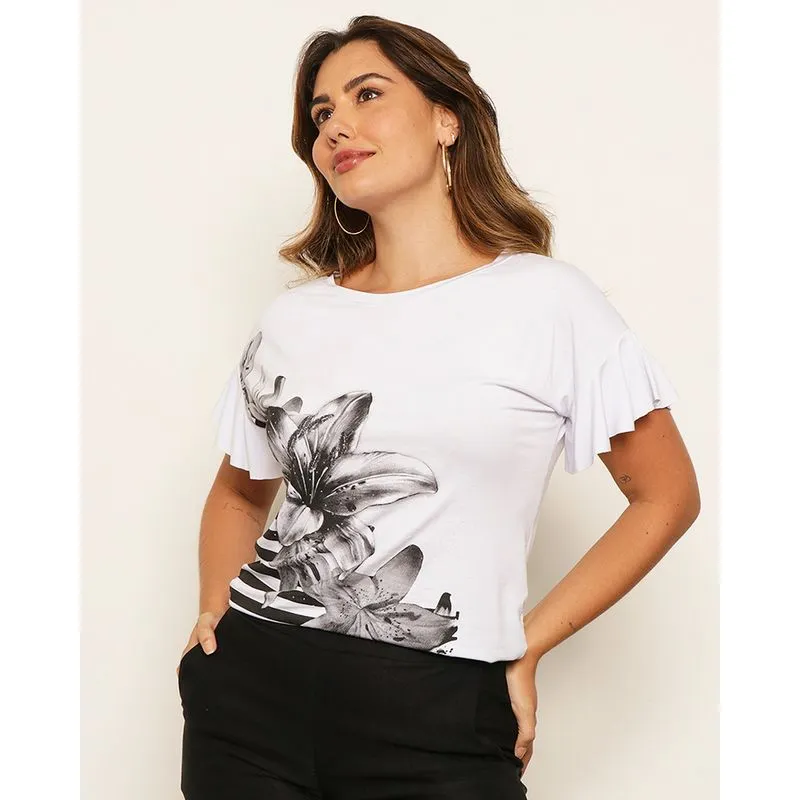 Blusa Feminina Manga Curta Com Babado Estampa Frontal Branca M