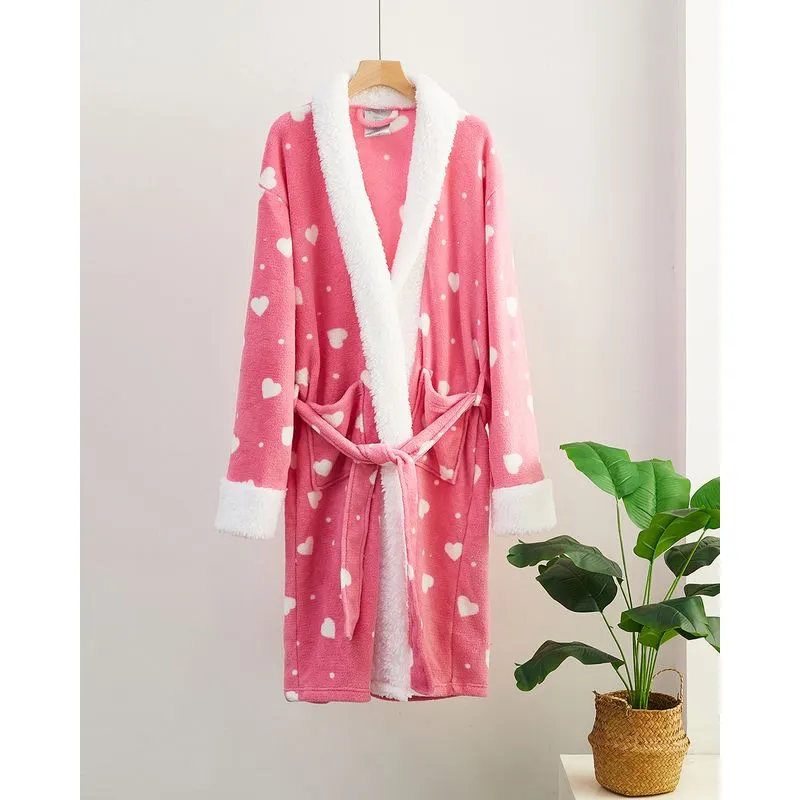 Roupão Longo Sherpa Com Pelinho Estampa Coração Rosa G