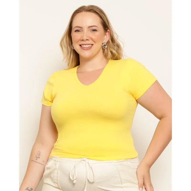 Blusa Plus Size Feminina Manga Curta Básica Decote V Amarela G2