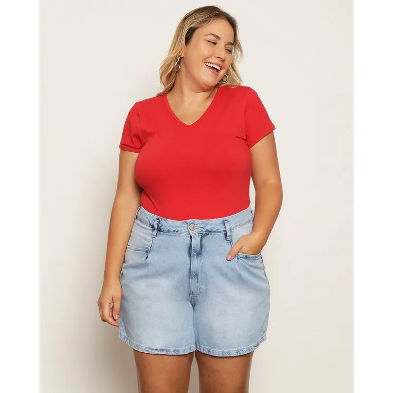 Blusa Plus Size Feminina Manga Curta Decote V Vermelha G3