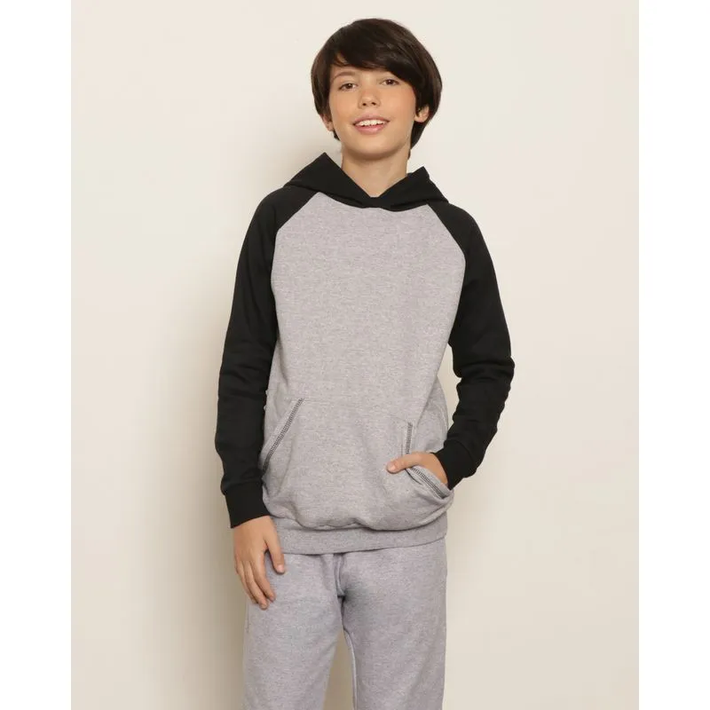 Blusão Juvenil Moletom Manga Longa Raglan Bolso Canguru Com Capuz Cinza 12