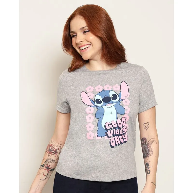 Camiseta Feminina Disney Stitch Manga Curta Cinza G