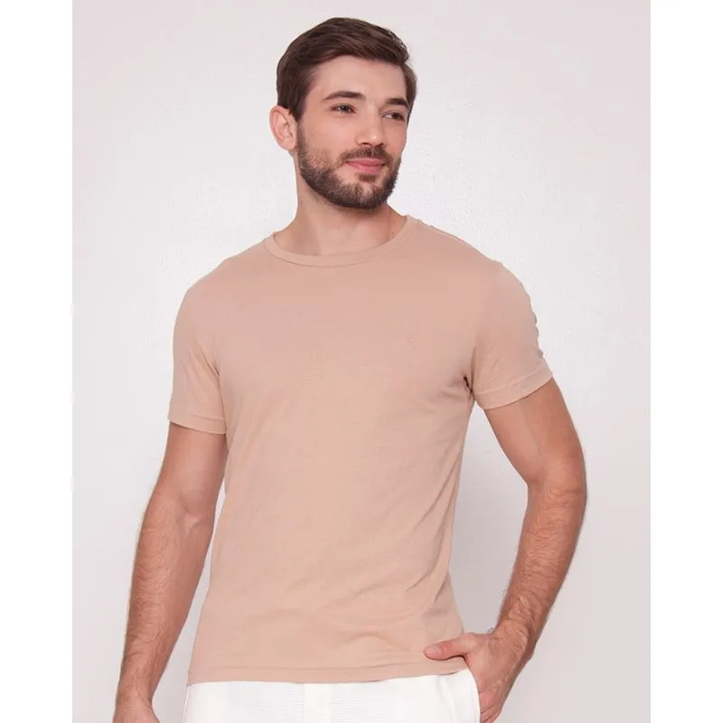 Camiseta Masculina Básica Lisa Manga Curta Gola Careca Bege P