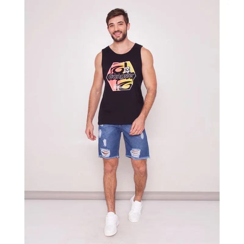 Bermuda Jeans Masculina Barra Desfiada Com Destryed Azul 46