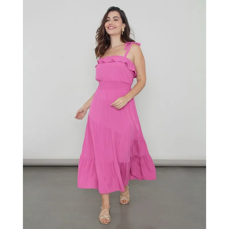 Vestido Feminino Midi Três Marias Viscose Alças De Amarração Rosa 38