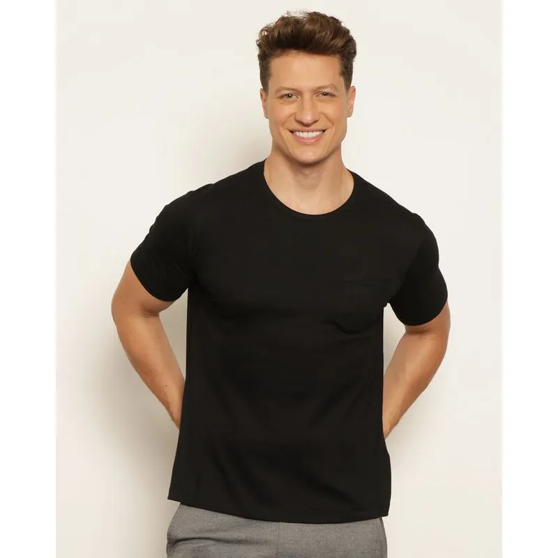Camiseta Masculina Básica Com Bolso Manga Curta Preta GG
