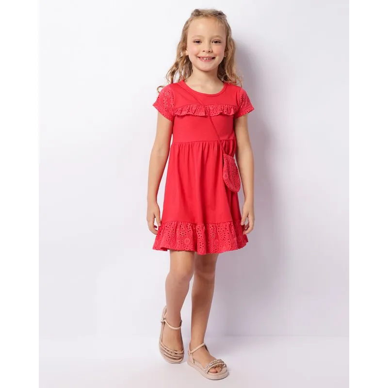 Vestido Infantil Curto Com Laise + Brinde Bolsinha Vermelho 10