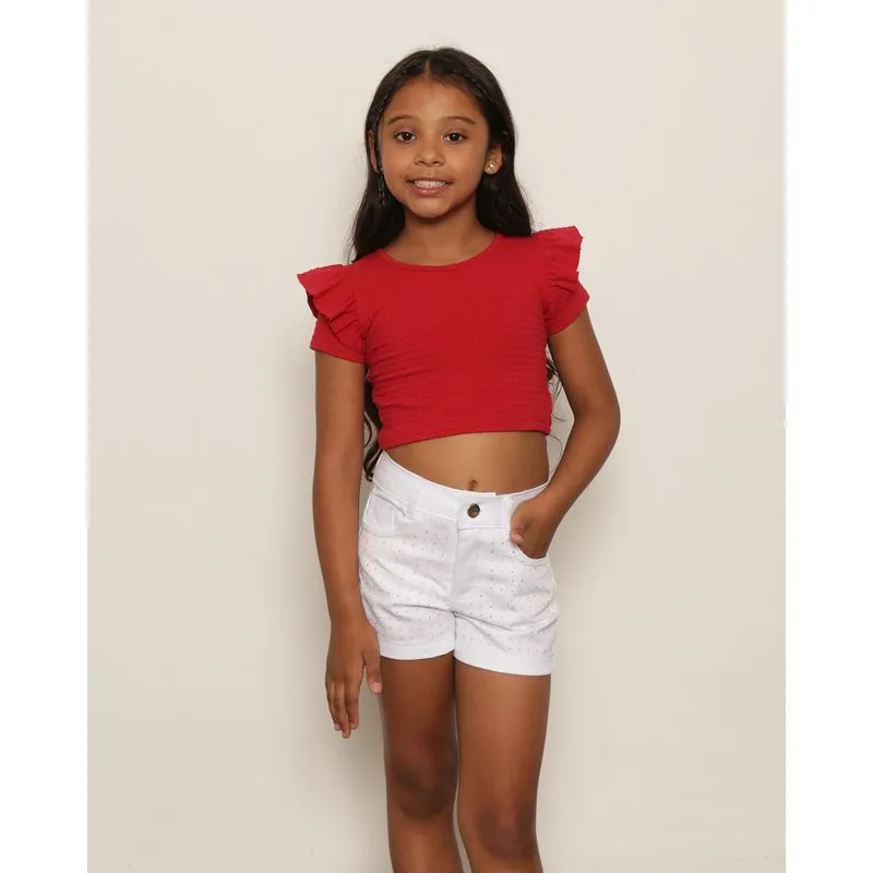 Blusa Infantil Cropped Manga Curta Frufru Texturizado Vermelha 10