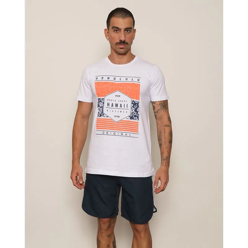 Camiseta Masculina Surf Estampa Hawai Manga Curta Branca M