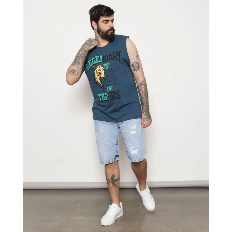 Bermuda Jeans Plus Size Masculina Reta Destroyed Com Puídos Azul 54